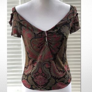 🍭Armani Black, red and green sheer Silk Top Sz 8